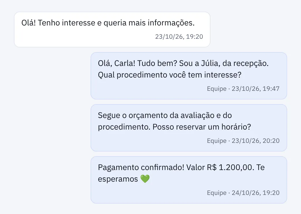 Conversa no WhatsApp em que a equipe confirma o pagamento de R$ 1.200,00