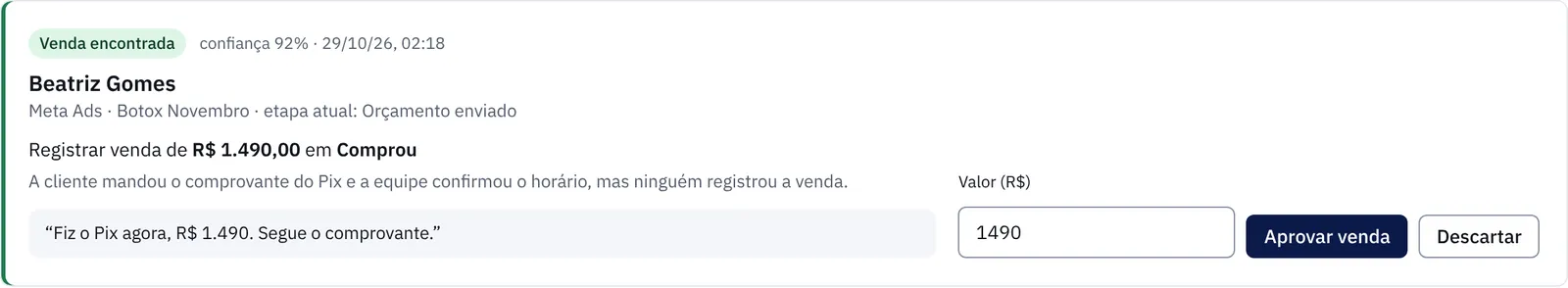 Sugestão do inspetor de vendas: venda de R$ 1.490,00 encontrada pela IA
